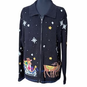 Vintage designers studio cotton ramie Christmas zip cardigan sweater Santa large